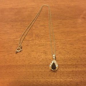 Gold Tone Necklace with Black & Rhinestone Pendant